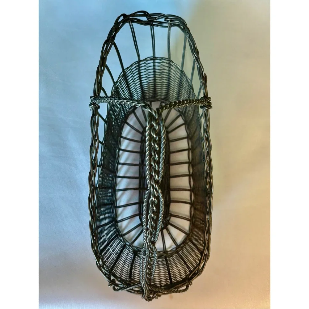 Vintage Silver Woven Wire Wine Bottle Cradle Basket Braided Handle Holder